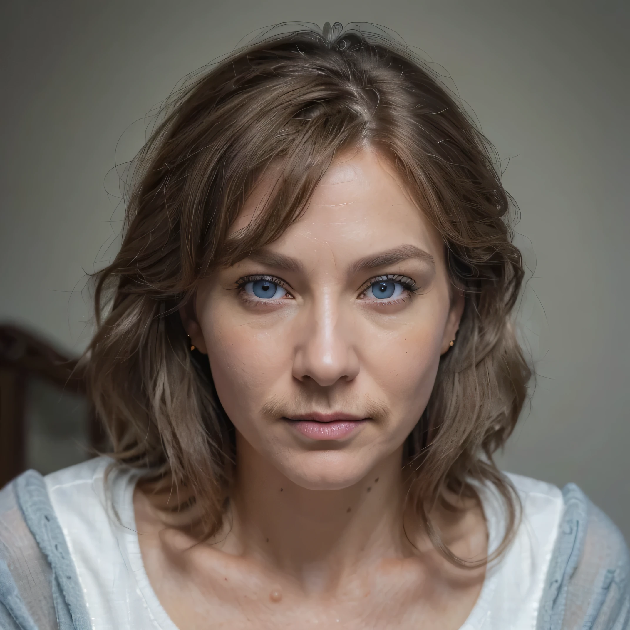 (best quality, ultra-detailed, realistic:1.37), 40 year old Swedish female, brown hair, medium length layered hairstyle, blue eyes, high cheek bones, beautiful pink lips, pale skin tone, shot on a Canon EOS R6 Mark II camera, bent over, looking over shoulder, visible beard hair, visible dark moustache, waxing face, wearing yellow sweater