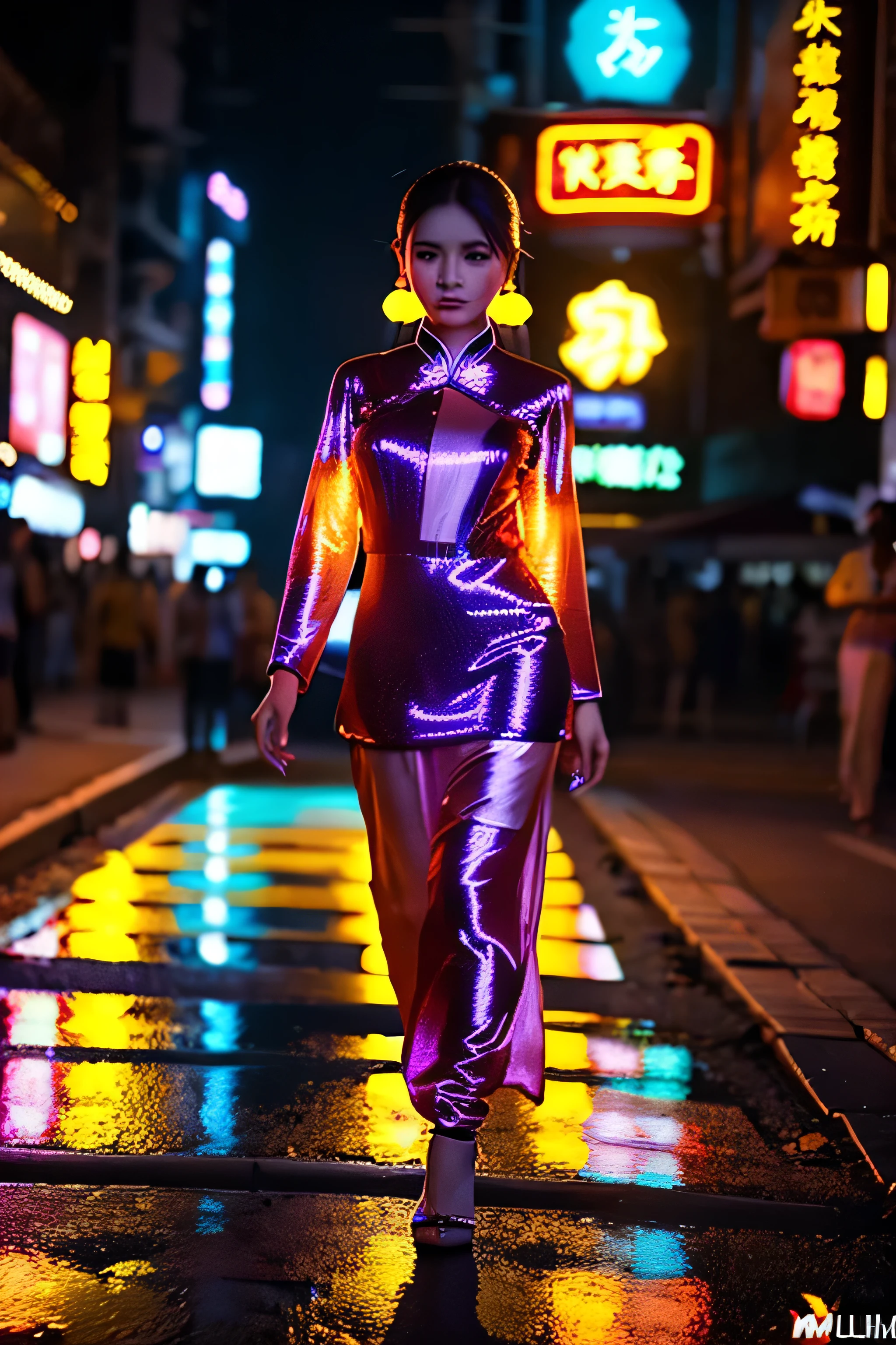 a chinese girl walk a runaway, she pose neons light baju kebaya, the clothes made by silk and wires, LEDs which glow bright in the dim lights. she walk as professional model, UHD, detailed, prismatic lightings. ultra realistic skins, perfect face, fingers detailed