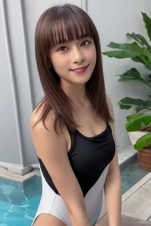 gorgeous woman, 1 girl, white one-piece swimsuit:1.2, skinny, healthy, perfect body:1.2, abs:1.1, dark brown hair:1.1, rain wet, wet body:1.2, night pool room:1.6, ultra-detailed face, detailed lips, detailed eyes, double eyelids, pubic hair, black skin, trimmed bangs, shy smile, (best quality,8k,masterpiece:1.3)