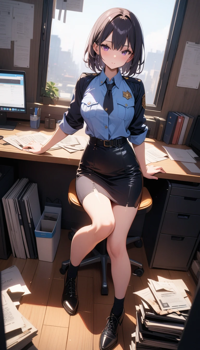 ((best quality)) , ((masterpiece)) , (detailed),1girl,Policewomen, Pale complexion, quiet office, white light, burnt documents,((full body))