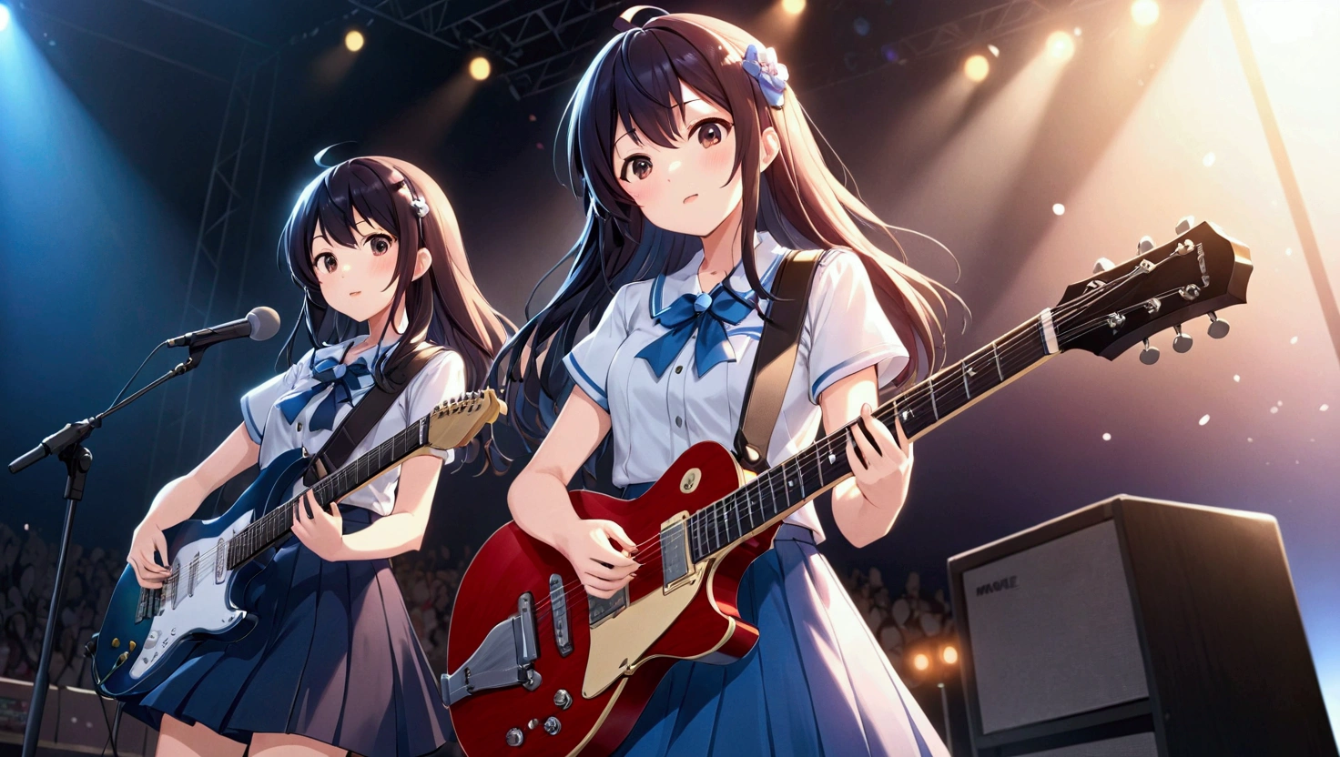 Playing the guitar、Anime girls singing on stage with microphone, high detailed Official artwork, Anime Style 4k, Official artwork, Anime Moe Art Style, play the guitar, Smooth anime CG art, Nightcore, ステージでplay the guitar, I also make fan art, Hololive, Background artwork, Kantai Collection Style, Visual Novel CG, everyone, Lockout, Promotional Art