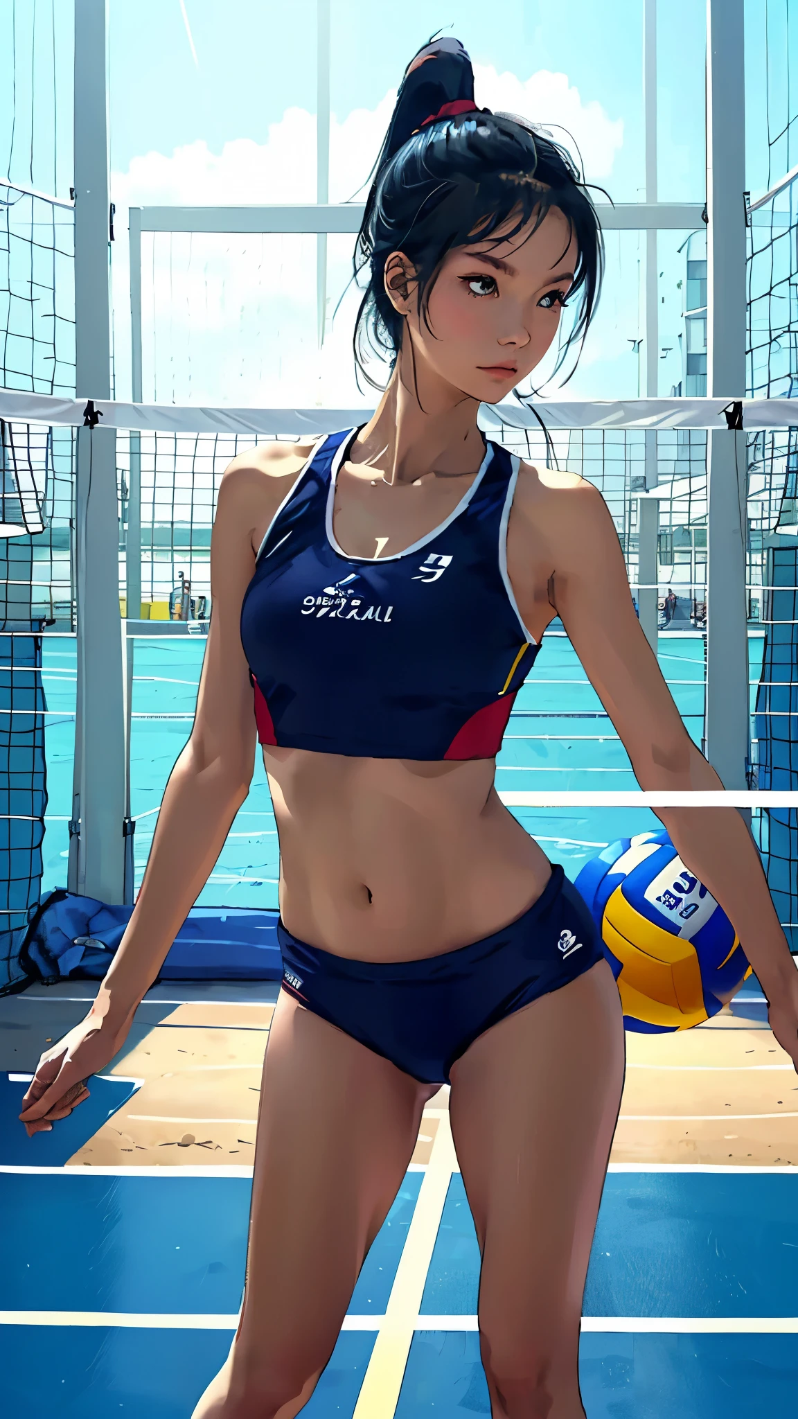 1 Female Solo、/(Beach Volleyball Uniforms/)、Dynamic posing、(Masterpiece Top Quality:1.2)Delicate illustration with super detailoderate bust、ponytail、/(Indoor volleyball court/)