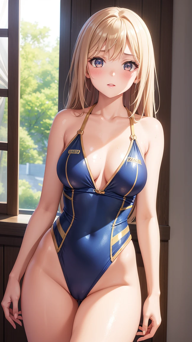 One girl, Natural light, masterpiece, Very detailed, figure, Game CG, Absurd, high quality, Beautiful attention to detail, Glossy Lips, Natural light, Medium chest, Claudia Walents, race, blush, indoor, One piece swimsuit