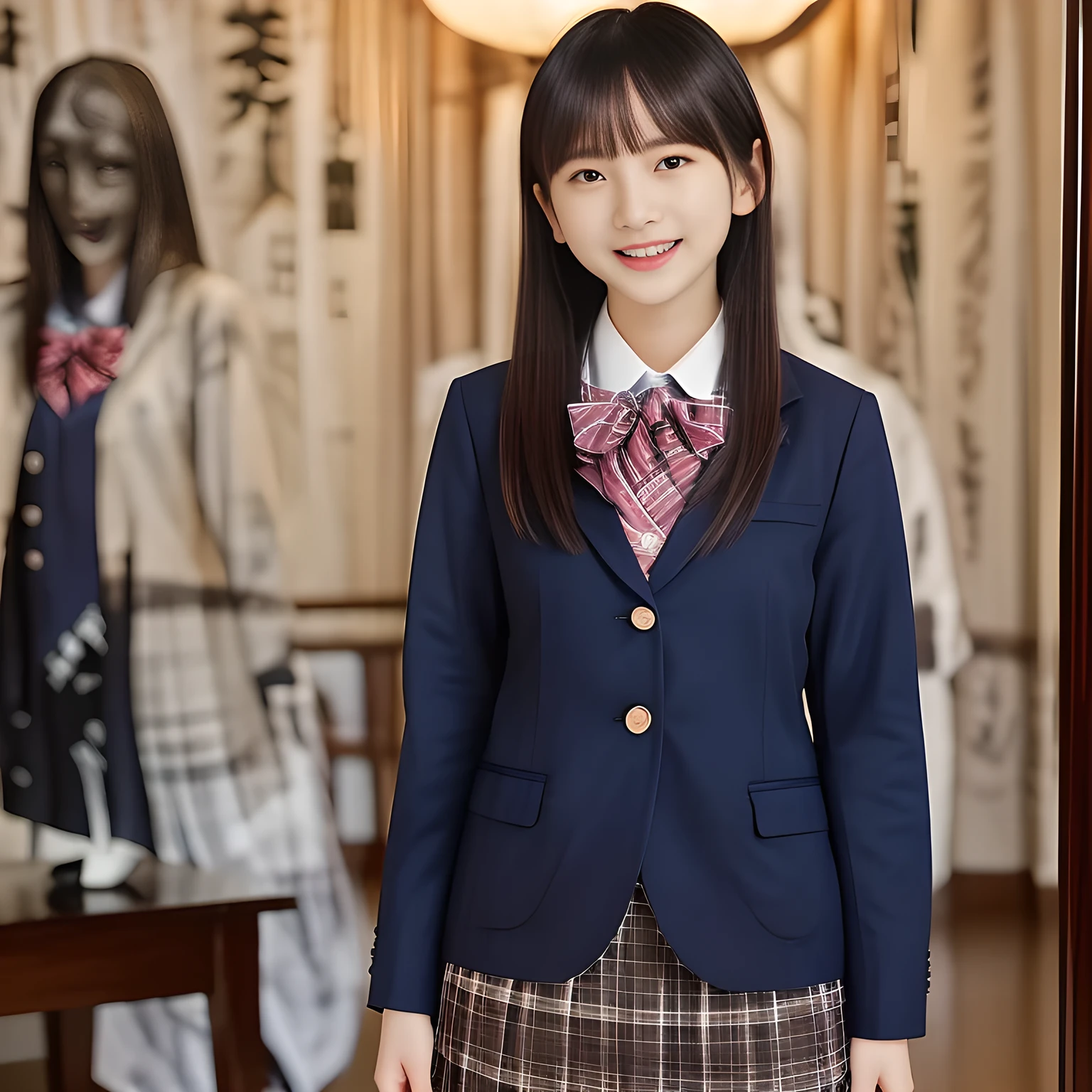 (Highest quality, masterpiece:1.2), Highest quality, High resolution, 1080P, 8k, height: 158cm, ((A noble, graceful and intelligent 14yo Japanese young idle who has a best proportion is laughing at me!: 1.5)), ((So sweet, very noble, neat, and pretty 14yo Japanese beautiful fashion magazine model: 1.6)), ((((Very pure white face and limbs)))), Glossy Lips, (Evenly cut curled bangs), ((Very beautiful, droopy, cute, pure, noble, intelligent brown eyes with detailed: 1.6)), ((Super long, black straight hair )), (Very shiny, glossy Lips), ((Beautiful straight hair like a school promotion model)), Watch at you, ((Incredibly well organized, Rich facial expressions)), ((Plump and beautiful white skin and face)), ((Pure, clear, gentle brown eyes)), ((staring at me)), Glossy Lips, ((Noble and elegant)), Very beautiful blue skirt, ((Large upward-curving lips)), ((((Navy Japanese school blazer with noble golden emblem)))), ((Navy and sapphire blue Japanese school uniform)), ((Tartan check pattern dark blue pleated long skirt)), ((Cobalt blue string chest ribbon)), ((((An ecstatic expression of boundless joy)))), (((Beauty and fashion magazine for young girls))), ((Cute beautiful knees)), ((Well-shaped ample breasts)), ((Tilting his head and smiling)), ((many dark ghosts and wraiths are behind her: 1.5)), (Laughing loudly holding your stomach because the viewer is too funny: 1.0), ((Too beautiful woman: 1.6))