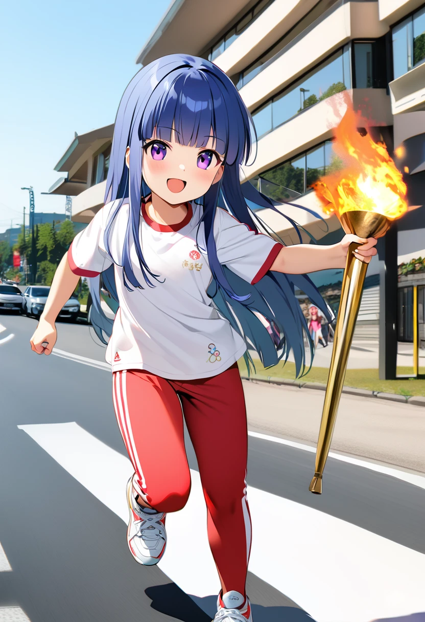 girl, alone, (Full Autorica), Blue Hair, Purple eyes, Long Hair, blunt bangs, bangs, 11 years old, Olympic, torchbearer, Olympic Torch, On the road, the way, smile, open mouth, shirt, holding, white shirt, outdoors, pants, white footwear, running, sportswear, photo background
