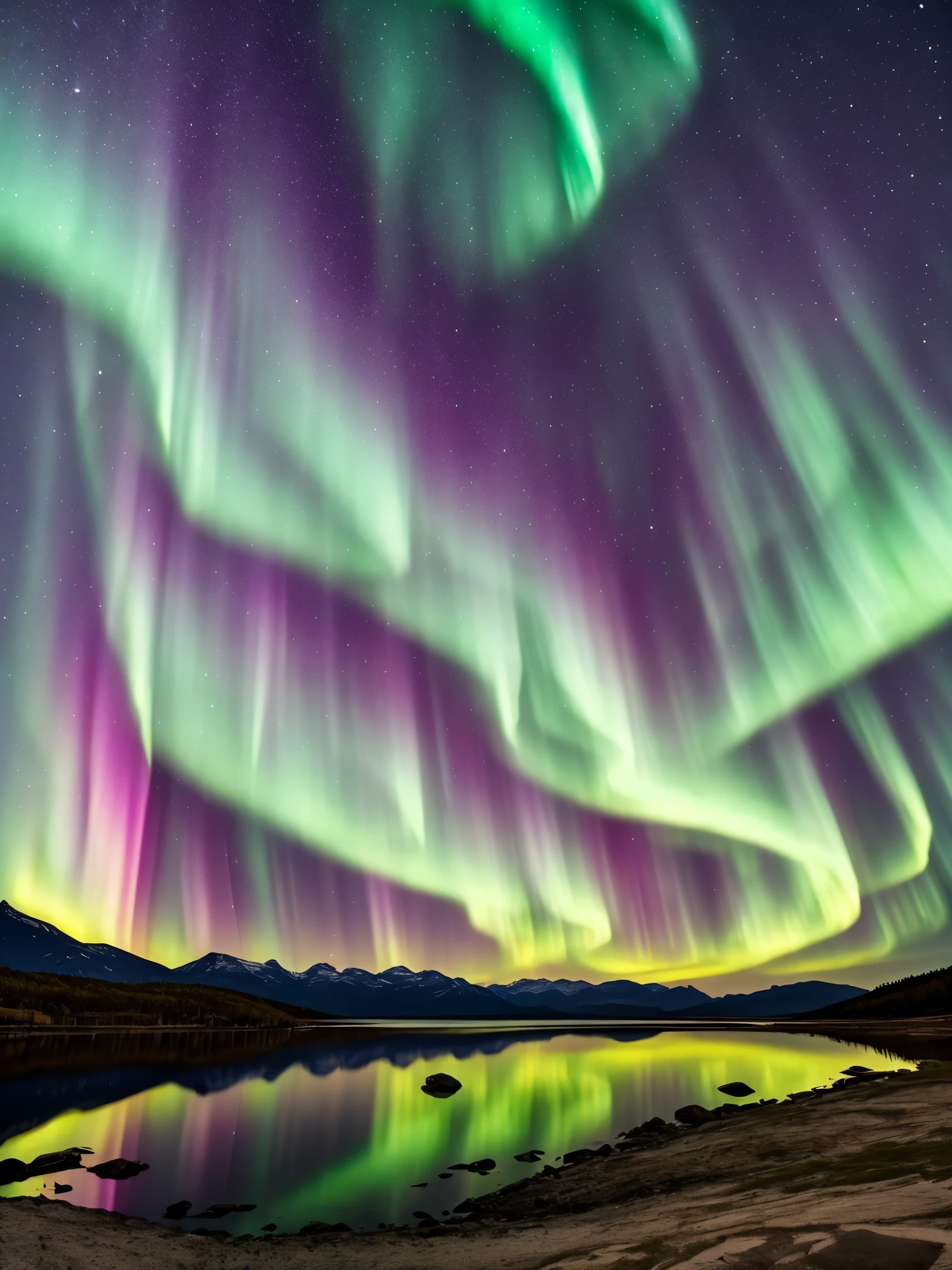 the aurora bore over a lake with mountains in the background, a picture by Harald Giersing, trending on unsplash, hurufiyya, northern lights, with aurora borealis in the sky, aurora borealis, ❤🔥🍄🌪, dramatic aurora borealis, infused with aurora borealis, epic stunning atmosphere, norway