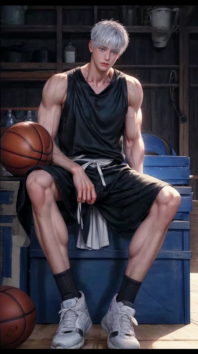 1boy, adult, handsome, perfect face, detailed eyes and face, clean shaved, muscular, capturing a rural atmosphere, dynamic lighting, unreal engine 5, hd picture, satoru gojo, white hair, short hair ,hair between eyes ,blue eyes, white skin, milk pink nipple details, basketball