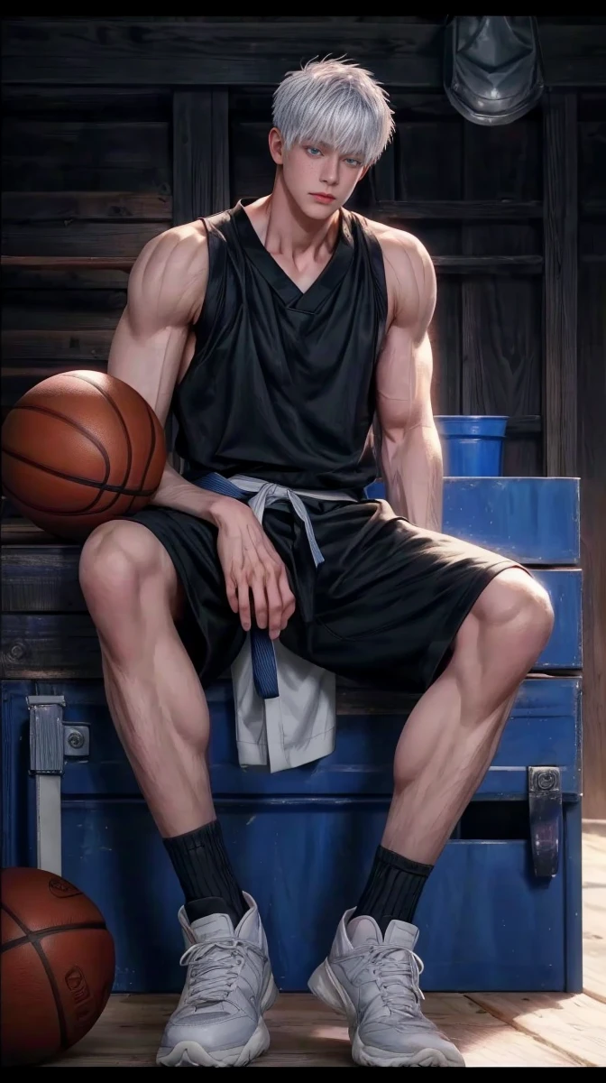 1boy, adult, handsome, perfect face, detailed eyes and face, clean shaved, muscular, capturing a rural atmosphere, dynamic lighting, unreal engine 5, hd picture, satoru gojo, white hair, short hair ,hair between eyes ,blue eyes, white skin, milk pink nipple details, basketball