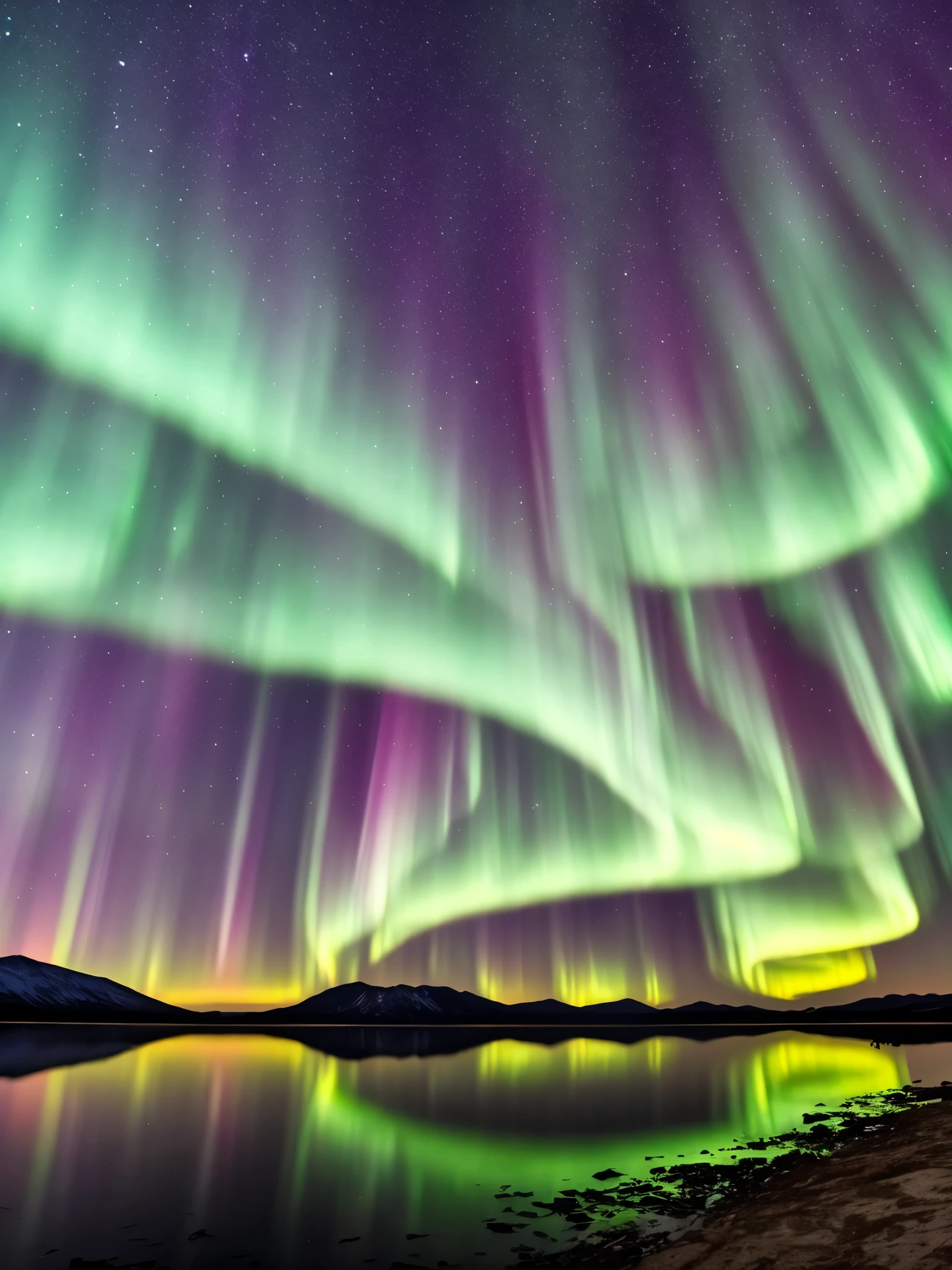 the aurora bore over a lake with mountains in the background, a picture by Harald Giersing, trending on unsplash, hurufiyya, northern lights, with aurora borealis in the sky, aurora borealis, ❤🔥🍄🌪, dramatic aurora borealis, infused with aurora borealis, epic stunning atmosphere, norway