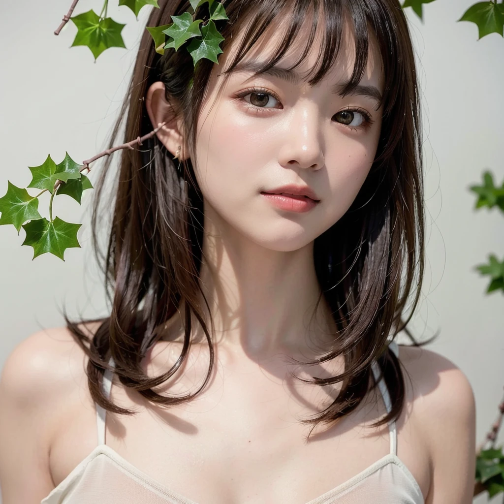 (Highest quality,masterpiece:1.3,超High resolution),(Very detailed,Caustics,8k),(Realistic:1.4,RAW shooting),Super detailed, 超High resolution,18-year-old,Japanese,黒いLong Hair,耳前にLong Hair, (Long Hair:1.2), (Wavy Hair:1.2), (鈍いbangs:1.2), Chest-up shot,Ultra high definition 8K,Highest quality,Very detailedな,masterpiece,Realistic,Rich details,Photographic realism,Very detailedな環境,Very detailedな照明,Very detailedな詳細,,Detailed skin texture,Scattered under the surface,(blush:0.5),Photographic works,Painful expression,Beautiful, shining lips, Detailed face、 bangs, Hair between the eyes, (Caught in ivy:1.5),Looking into the camera,Top view angle,,Natural light, Bare skin above the collarbone， Bare skin on the shoulders, masterpiece, Highest quality, High resolution, View your audience,(Face Focus:1.1),(Face close-up:1.1),