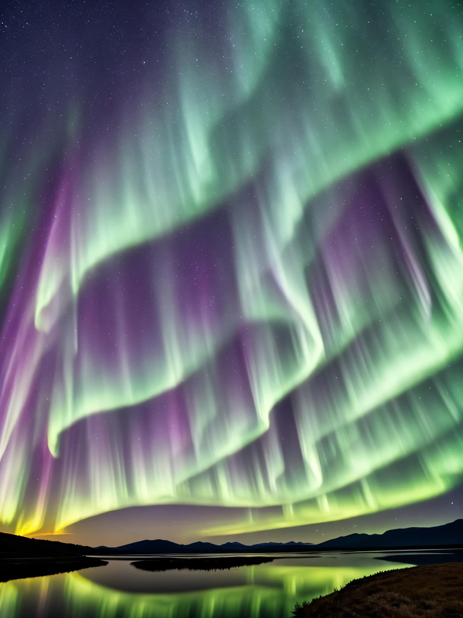 the aurora bore over a lake with mountains in the background, a picture by Harald Giersing, trending on unsplash, hurufiyya, northern lights, with aurora borealis in the sky, aurora borealis, ❤🔥🍄🌪, dramatic aurora borealis, infused with aurora borealis, epic stunning atmosphere, norway