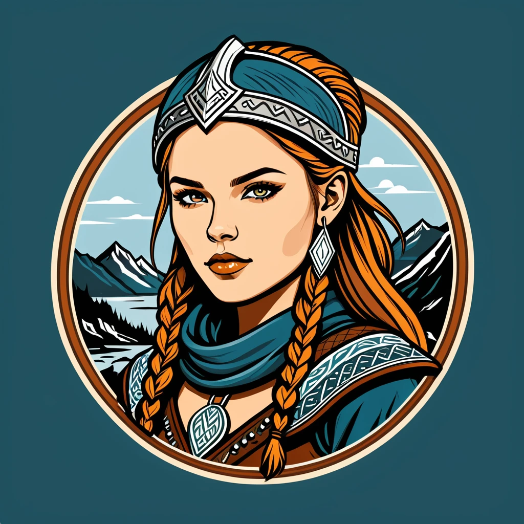 female nomad in viking folk outfit ,vector graphics, strong contours, logo design