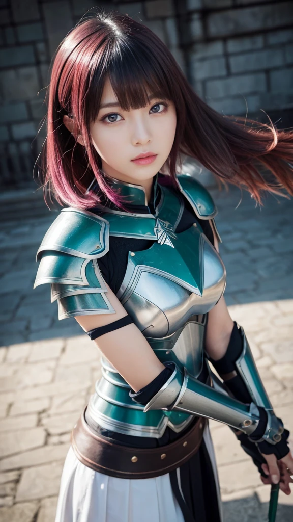(Highest resolution, clear_image) Highest quality, a female's masterpiece, Very detailed, Semi-realistic,(Most of the body), (Highest quality, masterpiece, Ultra-realistic),Magenta hair, Straight Cut, Torn black bangs, , Shadows appear in the eyes, short hair, ,Part your bangs in the center、I can see your forehead, ,,intimidating pose、The whole body from head to foot、、Sharp eyes、、、Breastplate armor、Emerald blue armor and white clothing、Tight Skirt、Swordsman、Partially armored、Hold a double-edged sword in your hand