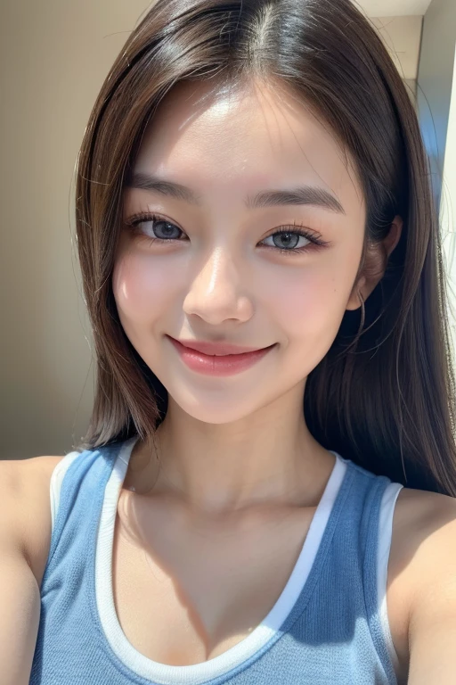 ((best quality, 8K, masterpiece: 1.3)), 1 girl, Slim, Vest: 1.1, Super thin face, Exquisite eyes, Double eyelids, Drooping eyes, Smile, 18 years old, Large Brea, (smile:1.2), open mouth,