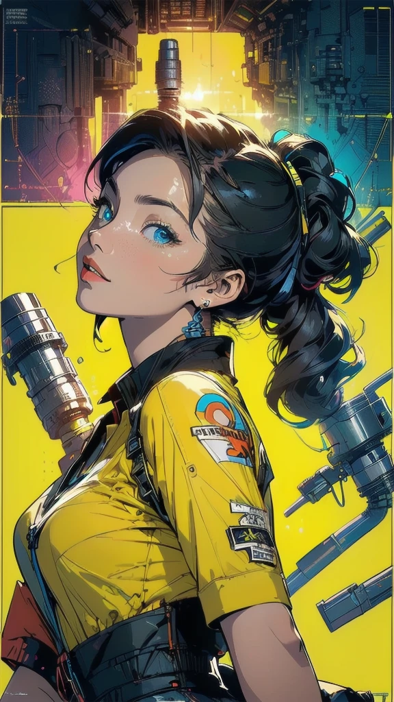 (((masterpiece, highest quality))),(((solo:1.2))),(((1girl:1.2))),32k wallpaper, very detailed, poster, vintage science fiction,(((((geometric cinematic movie poster))))), ((bauhaus)),(shape),(((abstract))),(mid century modern),movie poster,(((((portfolio))))),(((((Close-up))))),(((((bust up))))),((((more various angle)))),((((highlight)))),((((heterochromia)))),(((complete. detailed face))),((((Extremely talented)))),(((((most complecated futristic machine))))),(Colorful color scheme),(((detailed unlimited mechanic complete Equipment))),(((Absolutely Bright yellow background))),(((Matte texture background))),(((Beautiful woman looking back)))