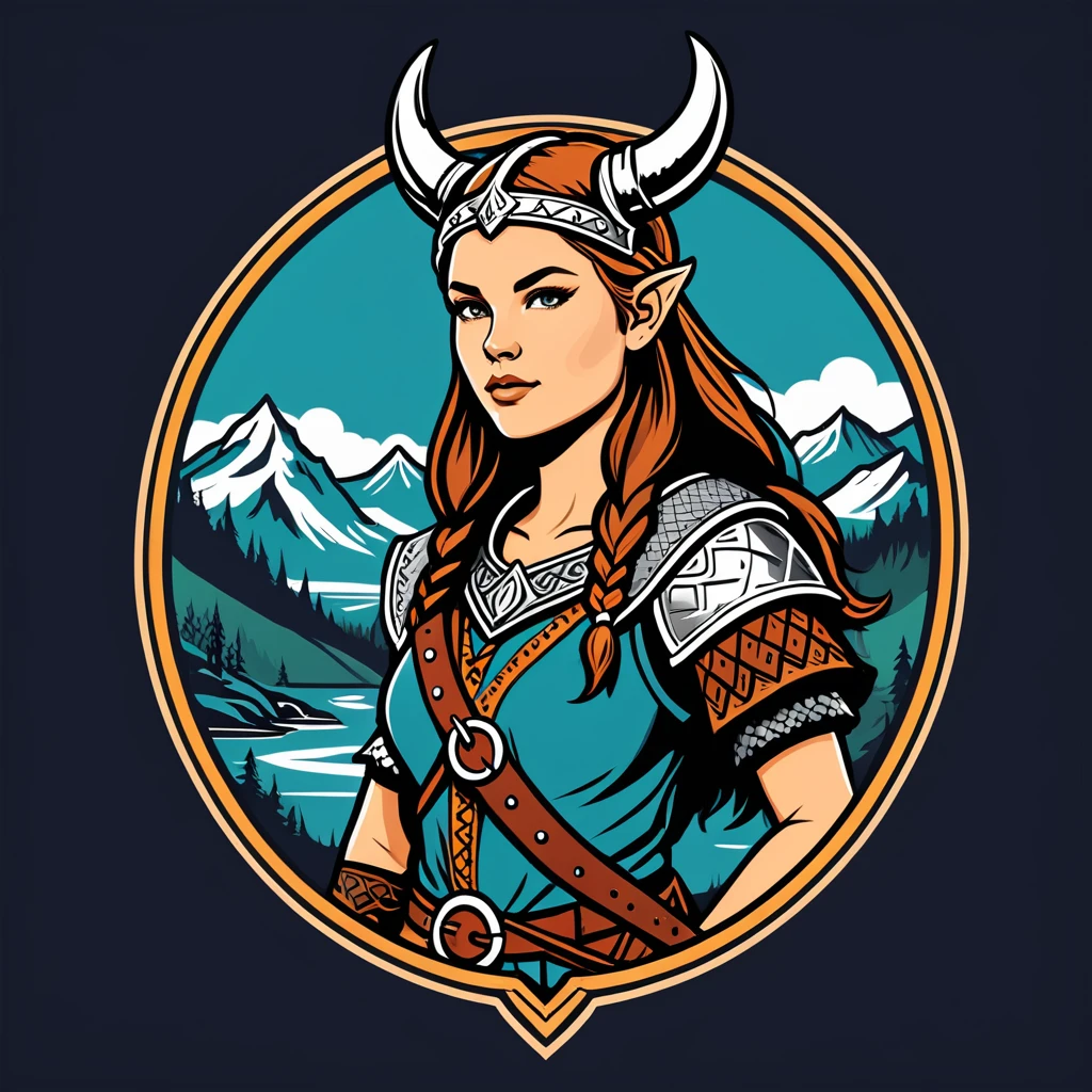 female pathfinder in viking folk outfit ,vector graphics, strong contours, logo design