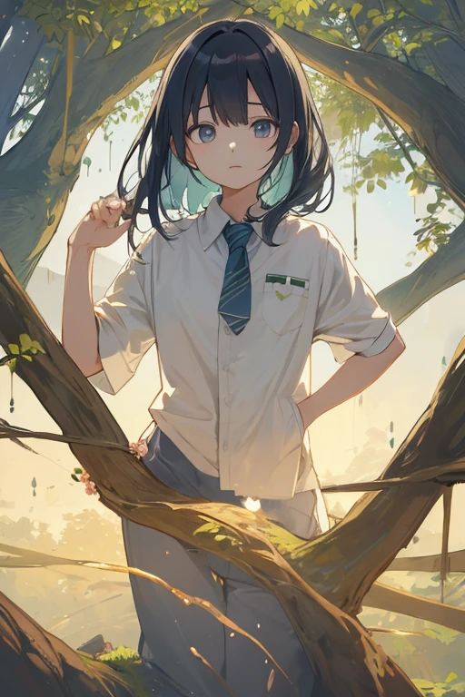 A girl with a human upper body growing directly from a large tree.。With sunken eyes on his face、Have a skinny body。She is studying medicine.、Mr.々It is being used as a tool to verify the effectiveness of drugs that cure diseases from addictive drugs using various organisms.、最終的には薬漬けになった命を新たな薬を作るための材料へと変えているおぞましい邪god、god々Please express it as a symbol of the foolishness and cunning of