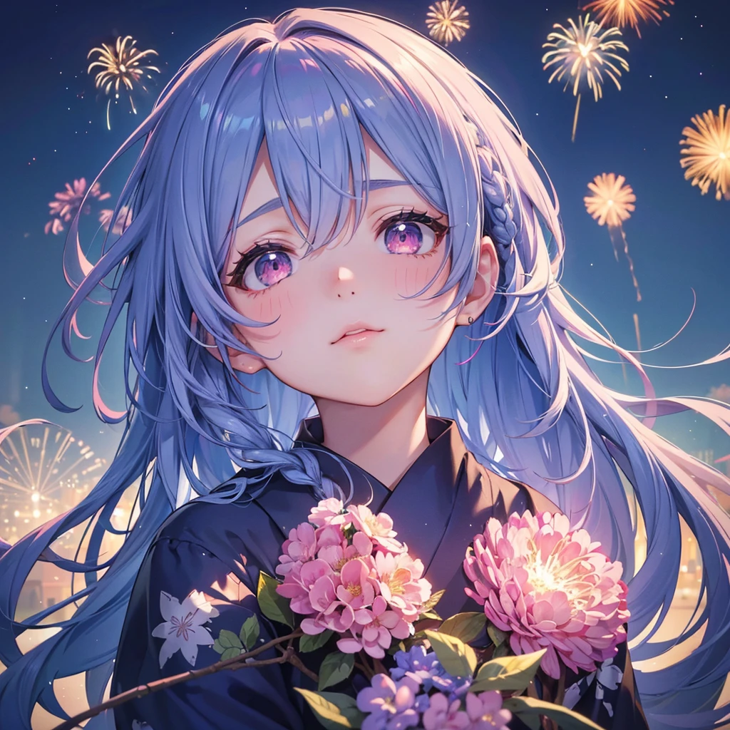 Sky Blue Medium Hair, (Braided Hair),(Pink Eyes),Fair skin ,(whole body),(1 girl)、Floral Yukata、summer night、Extra-large fireworks filling the night sky、Big fireworks、Straight bangs,(masterpiece, Highest quality, Very detailed, Best Shadow), (Detailed Background), (Beautifully detailed face), High Contrast, (Best lighting, Very delicate and beautiful), ((Cinematic Light)), colorful, Hyper Detail 8k, Dramatic Light, Intricate details,
