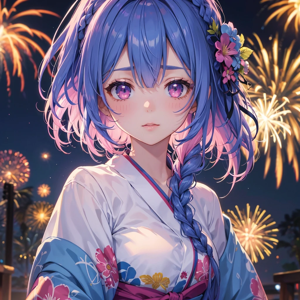 Sky Blue Medium Hair, (Braided Hair),(Pink Eyes),Fair skin ,(whole body),(1 girl)、Floral Yukata、summer night、Extra-large fireworks filling the night sky、Big fireworks、Straight bangs,(masterpiece, Highest quality, Very detailed, Best Shadow), (Detailed Background), (Beautifully detailed face), High Contrast, (Best lighting, Very delicate and beautiful), ((Cinematic Light)), colorful, Hyper Detail 8k, Dramatic Light, Intricate details,