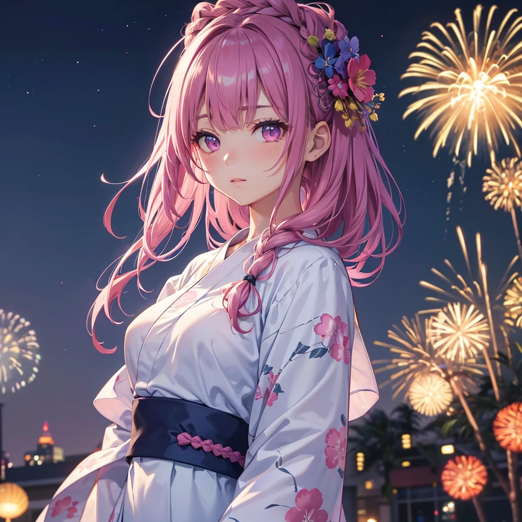 Sky Blue Medium Hair, (Braided Hair),(Pink Eyes),Fair skin ,(whole body),(1 girl)、Floral Yukata、summer night、Extra-large fireworks filling the night sky、Big fireworks、Straight bangs,(masterpiece, Highest quality, Very detailed, Best Shadow), (Detailed Background), (Beautifully detailed face), High Contrast, (Best lighting, Very delicate and beautiful), ((Cinematic Light)), colorful, Hyper Detail 8k, Dramatic Light, Intricate details,