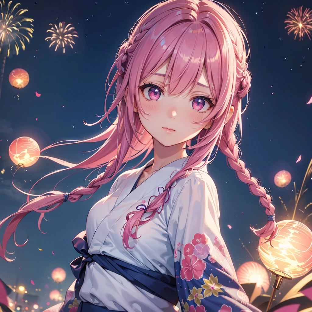 Sky Blue Medium Hair, (Braided Hair),(Pink Eyes),Fair skin ,(whole body),(1 girl)、Floral Yukata、summer night、Extra-large fireworks filling the night sky、Big fireworks、Straight bangs,(masterpiece, Highest quality, Very detailed, Best Shadow), (Detailed Background), (Beautifully detailed face), High Contrast, (Best lighting, Very delicate and beautiful), ((Cinematic Light)), colorful, Hyper Detail 8k, Dramatic Light, Intricate details,