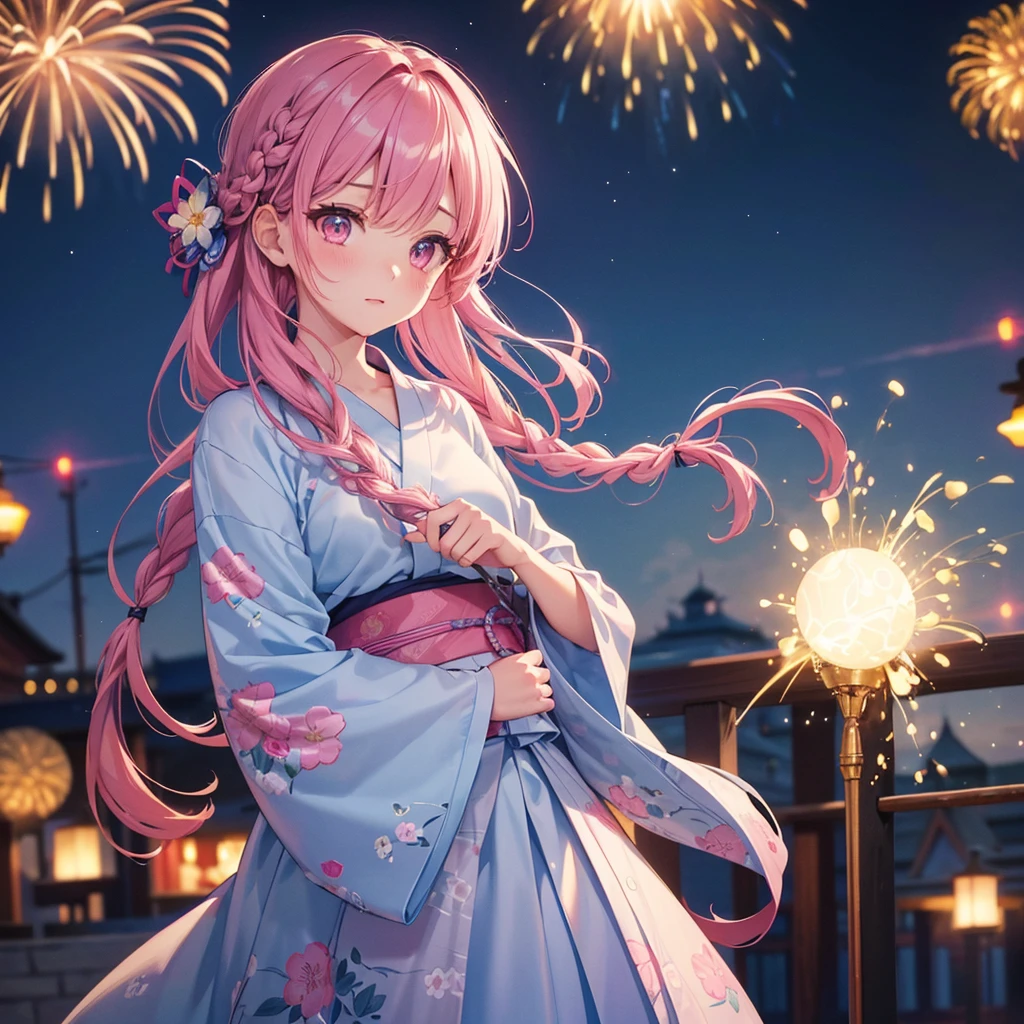 Sky Blue Medium Hair, (Braided Hair),(Pink Eyes),Fair skin ,(whole body),(1 girl)、Floral Yukata、summer night、Extra-large fireworks filling the night sky、Big fireworks、Straight bangs,(masterpiece, Highest quality, Very detailed, Best Shadow), (Detailed Background), (Beautifully detailed face), High Contrast, (Best lighting, Very delicate and beautiful), ((Cinematic Light)), colorful, Hyper Detail 8k, Dramatic Light, Intricate details,