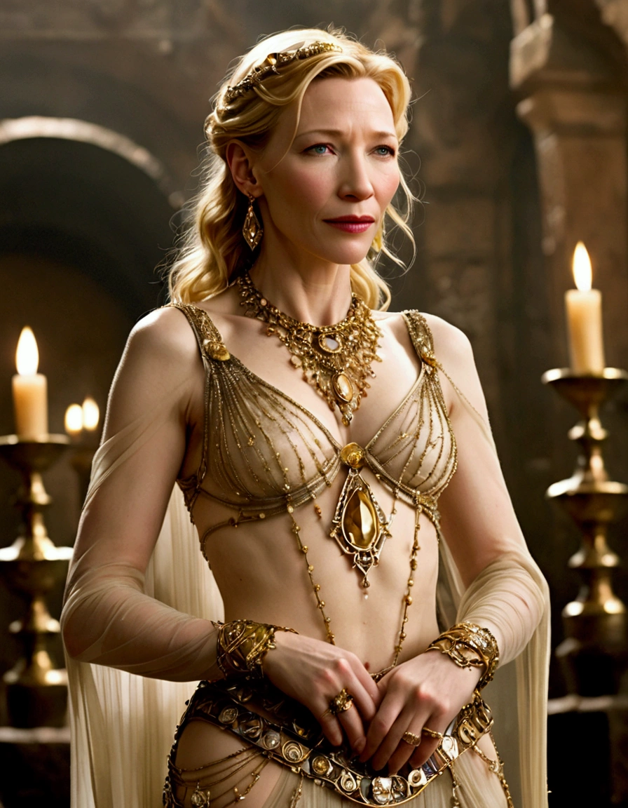 (Cate Blanchett, age 25, sheer princess slave outfit, no underwear, some gold body jewelry) . Damsel in distress, dramatic poses, overly sexual, dangerous dungeon setting amongst the treasure horde
