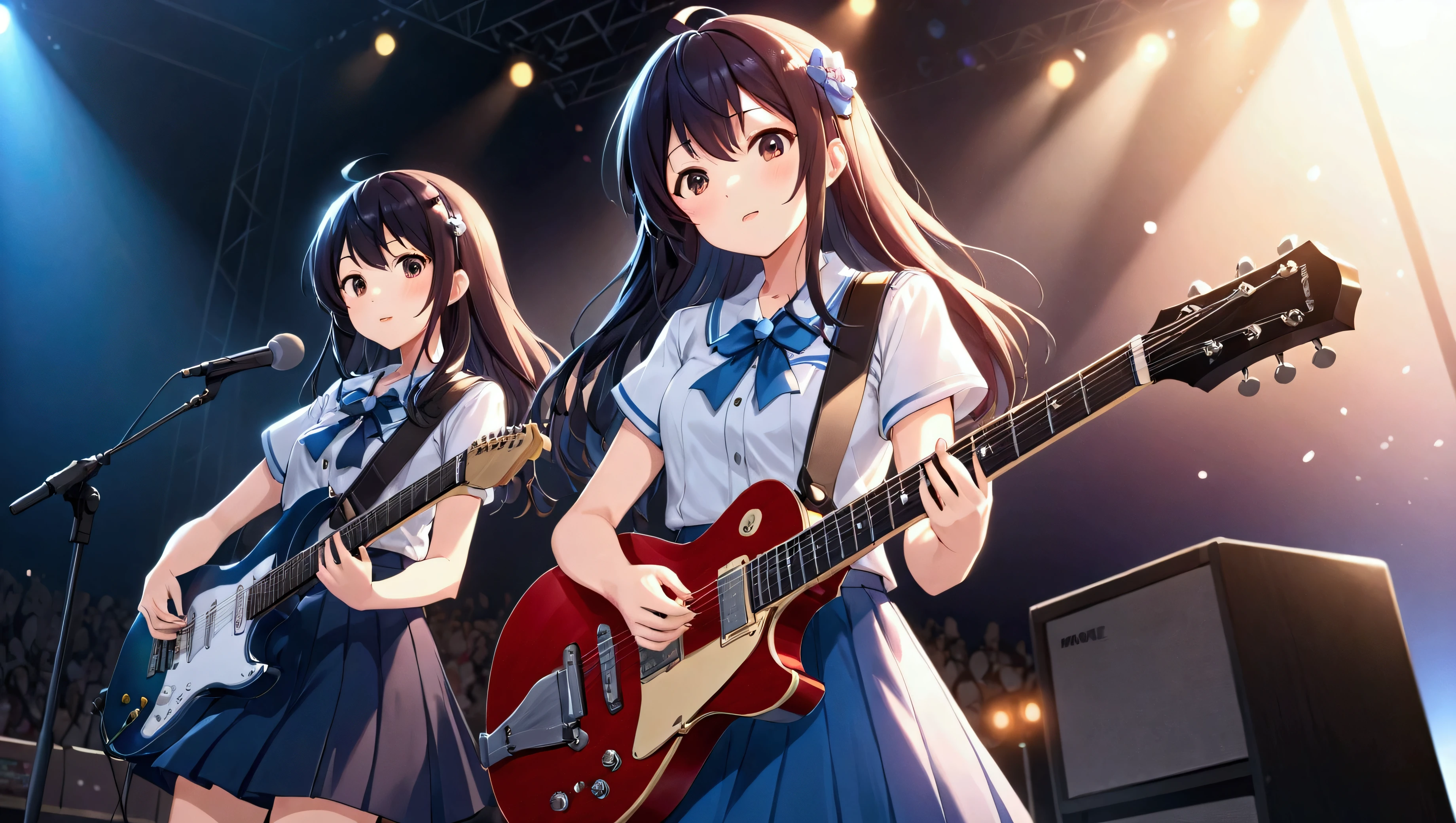 Playing the guitar、Anime girls singing on stage with microphone, high detailed Official artwork, Anime Style 4k, Official artwork, Anime Moe Art Style, play the guitar, Smooth anime CG art, Nightcore, ステージでplay the guitar, I also make fan art, Hololive, Background artwork, Kantai Collection Style, Visual Novel CG, everyone, Lockout, Promotional Art
