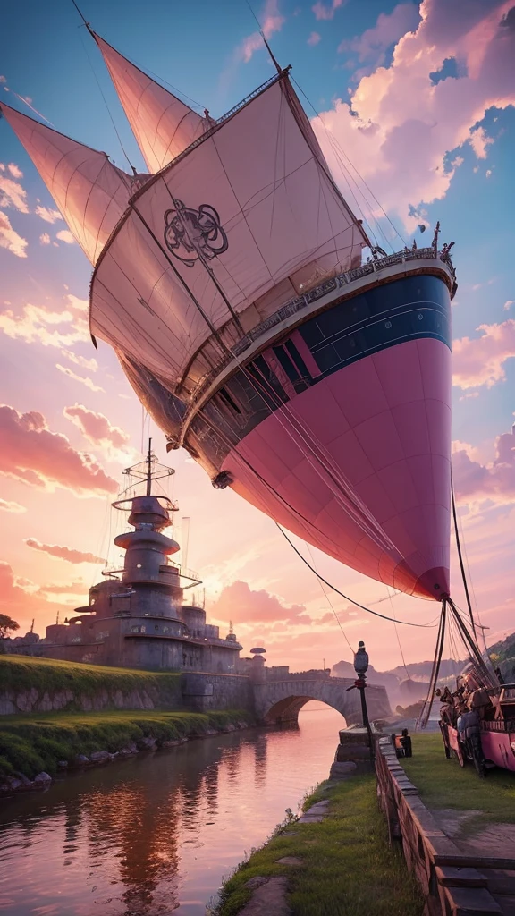 Ghibli Dora, vivid, masterpiece, airship, pink sky, defeating enemies, firing guns, desperate figure, very realistic, realistic feel