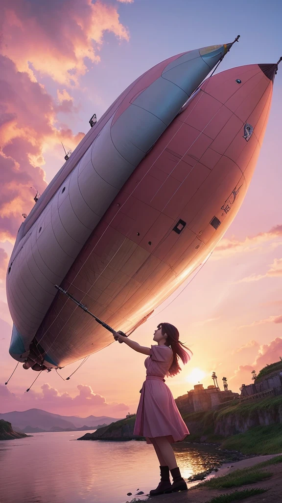 Ghibli Dora, vivid, masterpiece, airship, pink sky, defeating enemies, firing guns, desperate figure, very realistic, realistic feel