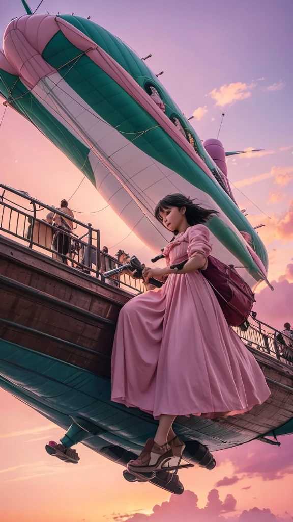 Ghibli Dora, vivid, masterpiece, airship, pink sky, defeating enemies, firing guns, desperate figure, very realistic, realistic feel