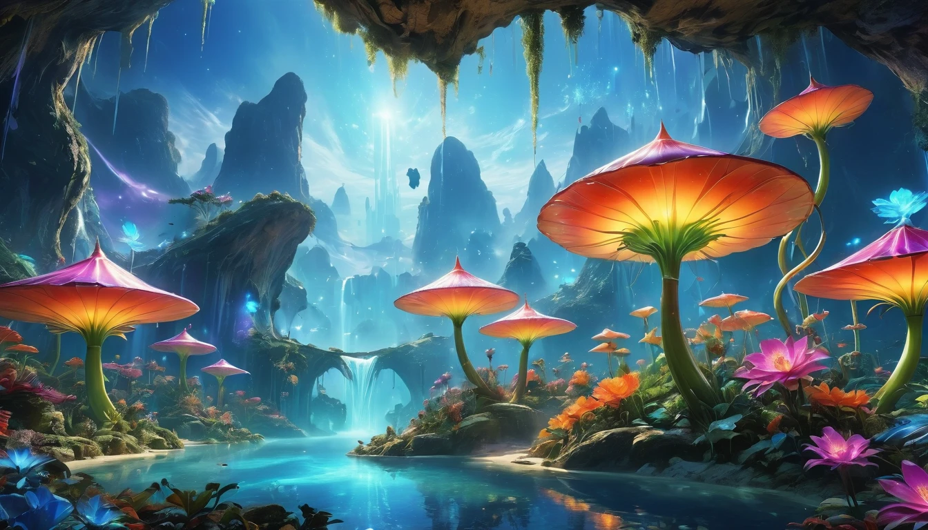 Surreal and exotic landscapes,Beautiful everywhere、Vibrant、colorful。On the screen々Strange alien flowers of all shapes and sizes are projected.,A wide variety of tasty alien fruits。Best image quality,Resolution is 4K or 8K,Capture every detail perfectly。The pictures are very detailed,Presented in a realistic way,Delivering a truly immersive experience。This work combines illustration techniques with 3D rendering..,Visually stunning、A work of excellent craftsmanship。Bright colors,Enhance the surreal atmosphere of the landscape。The lighting design is very detailed,Expressing complex changes in light and shadow,Add layers and depth to your scenes。This work arouses curiosity and awe in the viewer.。.。,Take your audience into a magical, surreal world,Where natural beauty takes on a whole new meaning。