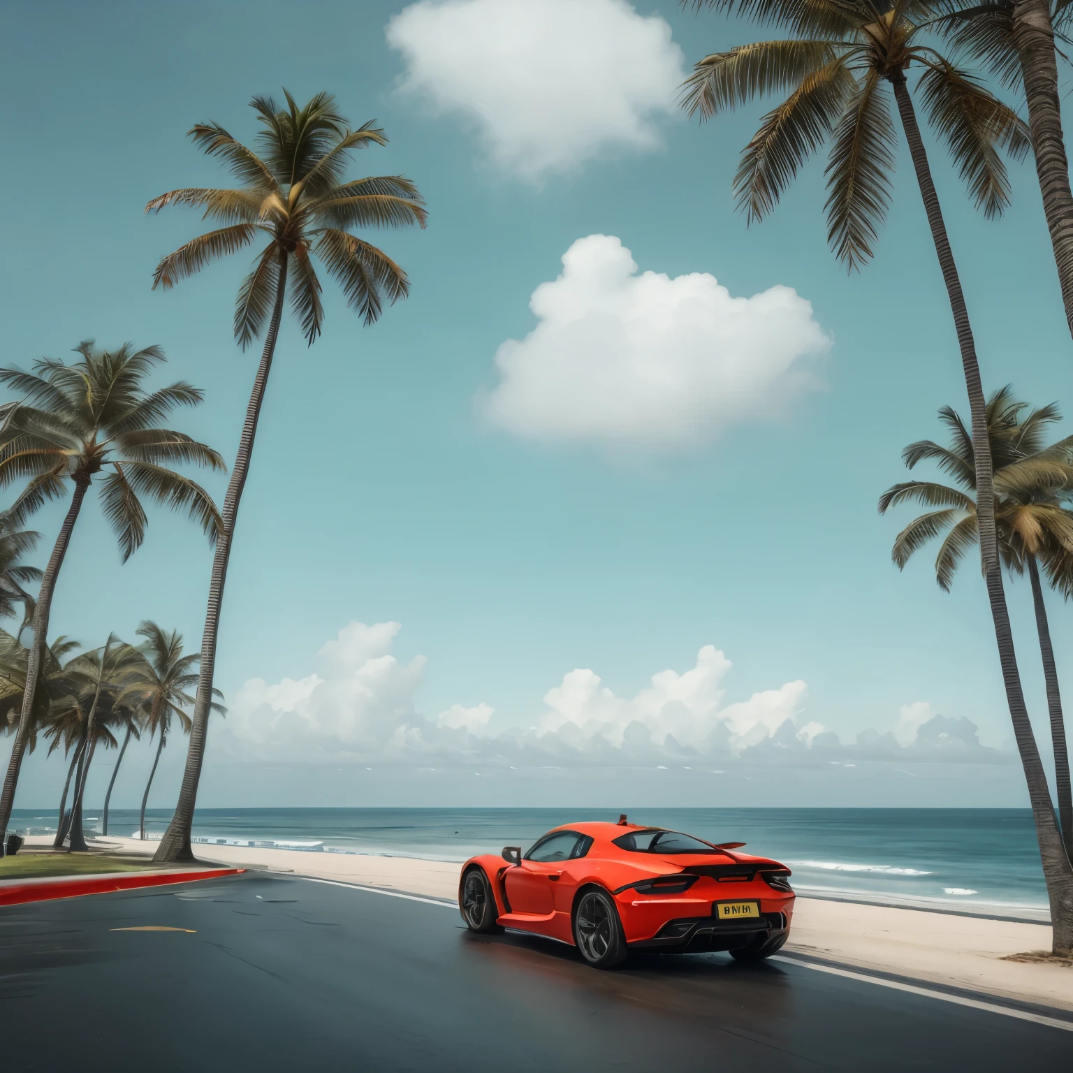 a super fast sports car, driving at high speed on an ocean side road, surrounded by palm trees, bright blue ocean in the background, (best quality,4k,8k,highres,masterpiece:1.2),ultra-detailed,(realistic,photorealistic,photo-realistic:1.37),detailed sports car, dramatic lighting, vivid colors, cinematic composition, dramatic angle, motion blur, ocean breeze, palm trees swaying, crashing waves