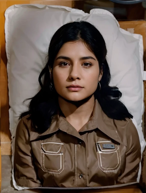 30 year old woman with black hair, wearing a nice brown shirt, clear, detailed, focused, contrasting color, realistic, 8k
