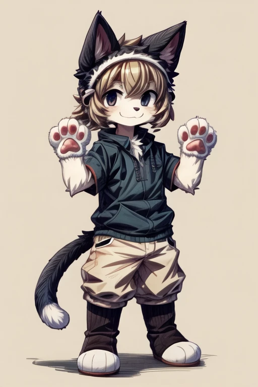 score_9, score_8_up, score_7_up, with Short sleeves , fake animal ears, animal ears, cat ears, paw gloves, cat paws, paw pose, smile, standing, simple background