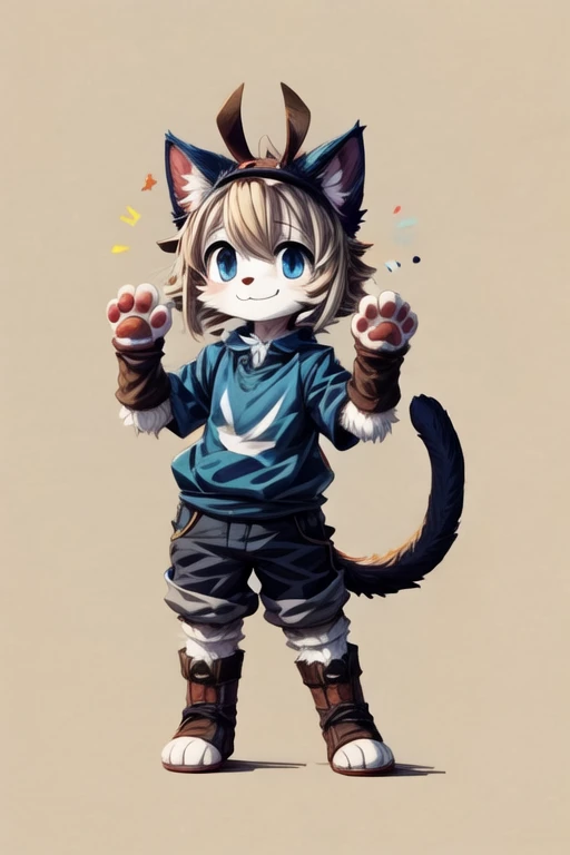 score_9, score_8_up, score_7_up, with Short sleeves , fake animal ears, animal ears, cat ears, paw gloves, cat paws, paw pose, smile, standing, simple background