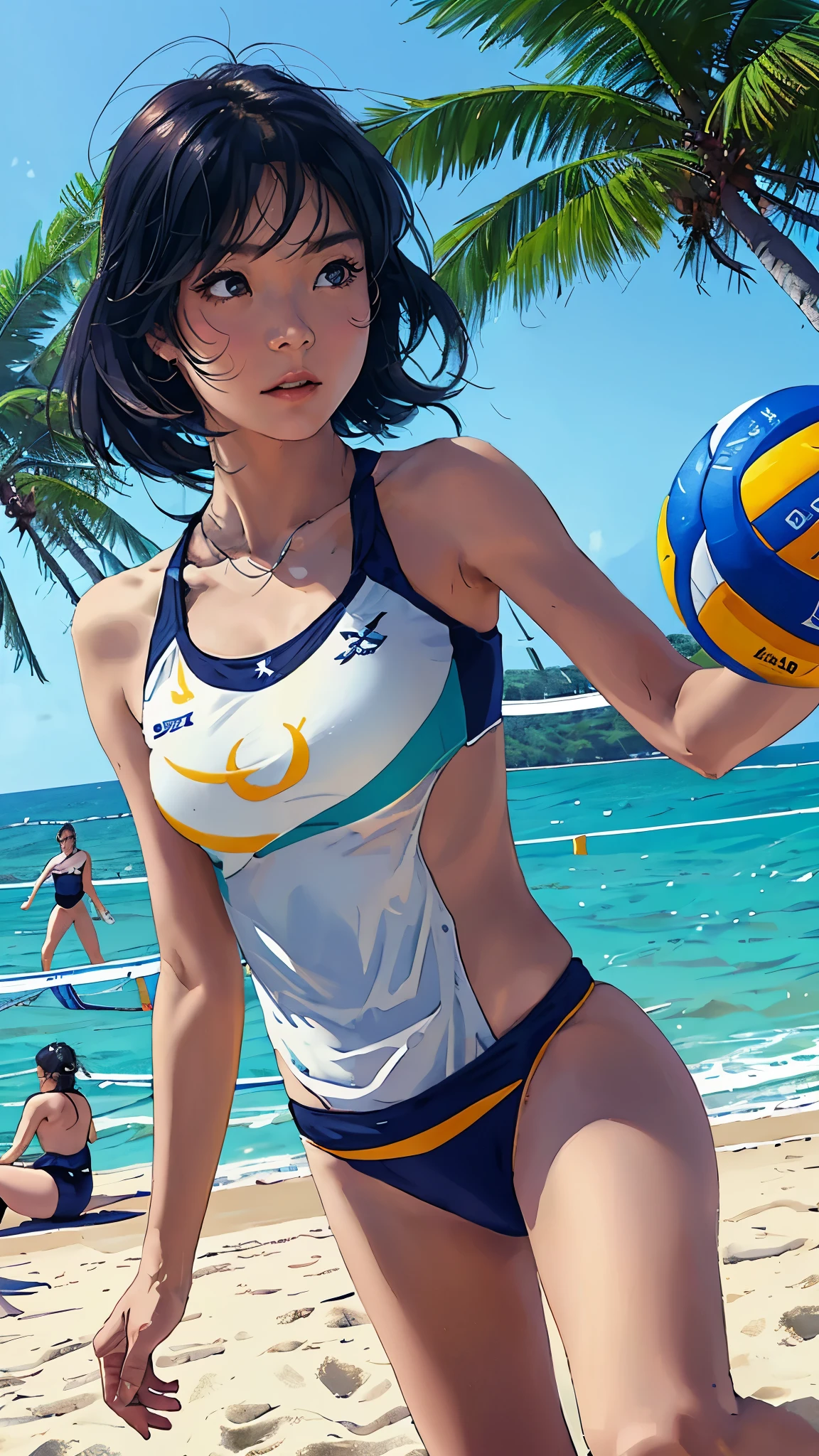 1 Female Solo、/(Beach Volleyball Uniforms/)、Dynamic posing、(Masterpiece Top Quality:1.2)Delicate illustration with super detailoderate bust、American、/(Beach volleyball court/)