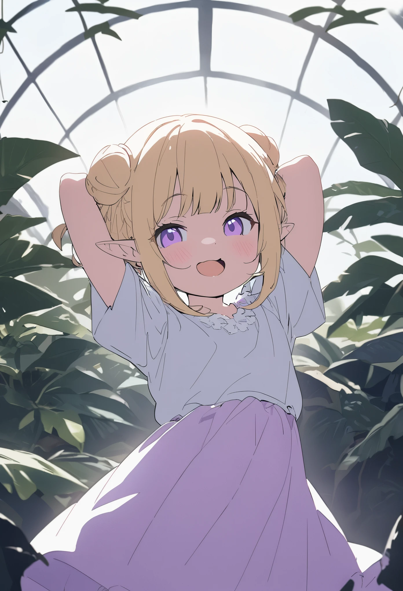 ((Masterpiece)), ((best quality)), ((kawaii)), (flat color), (flat shading), ((extremely detailed)), (8K), (High Definition:1.3), (Professional Photography:1.2), cinematic lighting, (very aesthetic:1.2), (absurdres:1.2), (sharp focus), (perfect light), (wide shot), wide shot, (12 years old), (1girl), cute young girl, pudgy cheeks, (naughty smile), open mouth, (Beautiful purple eyes:1.3), (Glossy skin), ((elf girl)), (Gold Embroidered Tribal black tubetop)), strapless, (small chest), cute navel, Beautiful collarbone, (Healthy slender body), slim body, (loose blunt bangs), unruly hair, ((side bun)), ((beautiful blond hair)), (put on noble head wreath), BREAK, ((best quality)), (princess pose), (on the tropical giant greenhouse), (sharp focus), (perfect light),