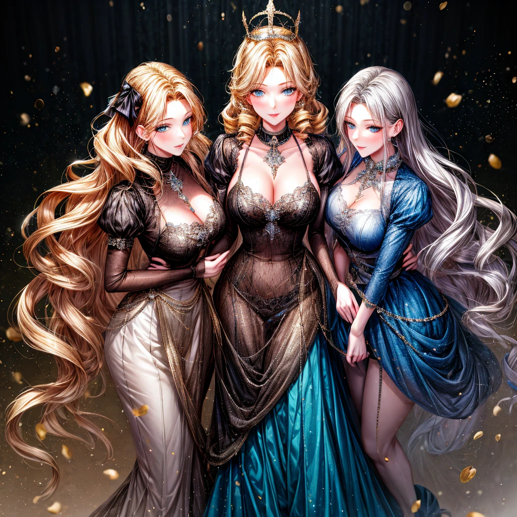 girly style, (flower background, romance comics), 3 girls, 18 years old blonde, alone, long hair, flower, skirt, crown, white skirt, Gloves, Long sleeve, collar, Blue eyes, mascara, cosmetics, white Gloves, black bow, black flower, Straight Hair, drill hair, french OKid, bow, OK, jewelry, looking at the audience, White background, clavicle, puffy sleeves, silver accessories,full-body shot, parted bangs, very long hair, blue skirt, trim, bangs, Keep your mouth shut, delicate eyes, Big breasts,