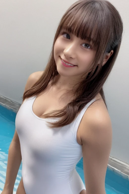 gorgeous woman, 1 girl, white one-piece swimsuit:1.2, skinny, healthy, perfect body:1.2, abs:1.1, dark brown hair:1.1, rain wet, wet body:1.2, night pool room:1.6, ultra-detailed face, detailed lips, detailed eyes, double eyelids, pubic hair, black skin, trimmed bangs, shy smile, (best quality,8k,masterpiece:1.3)