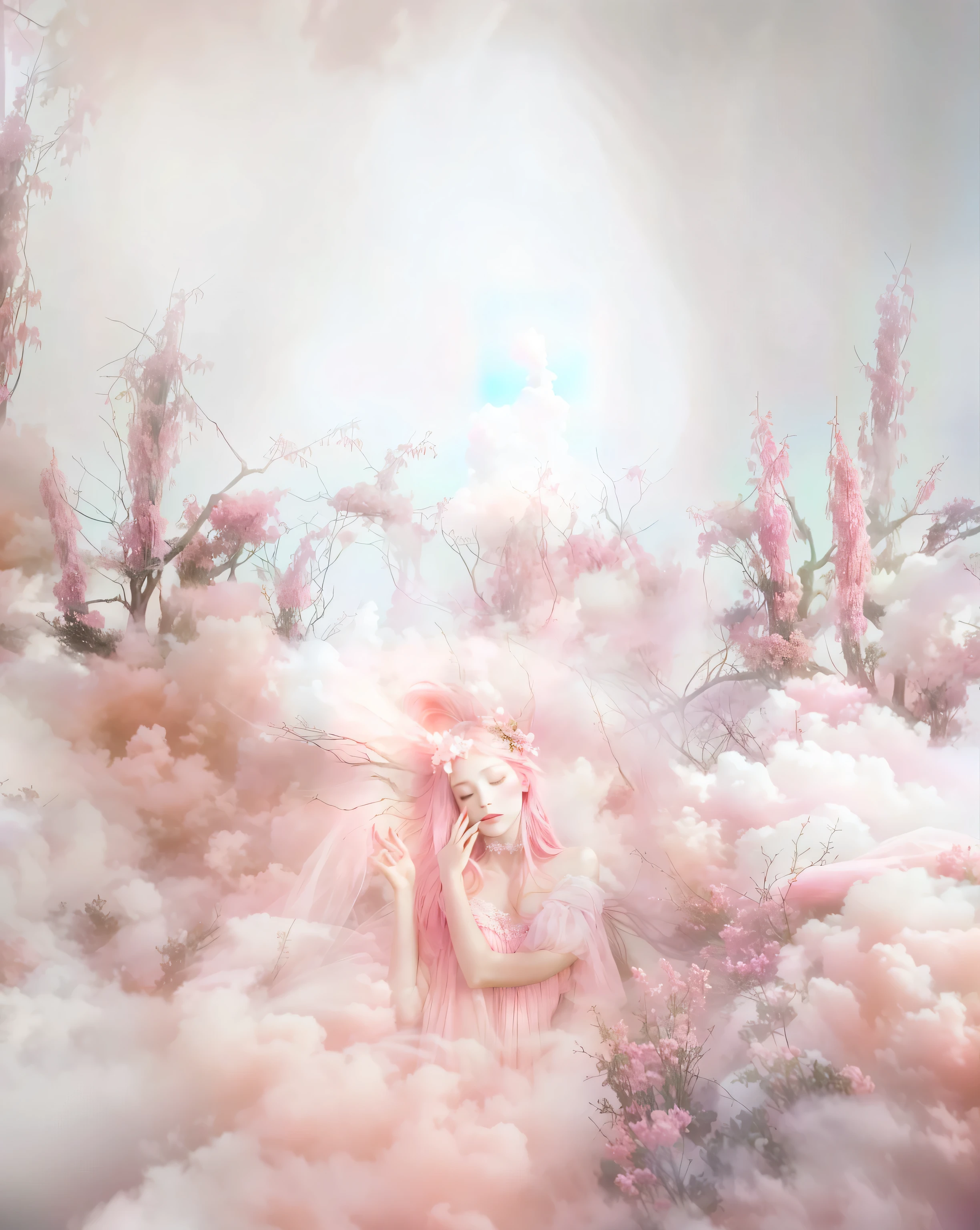 there is a woman in a pink dress standing in a cloud of smoke, a still of an ethereal, dreamy atmosphere and drama, dreamy and ethereal, lost in a dreamy fairy landscape, in a surreal dream landscape, ethereal and dreamy, in the white clouds fairyland, ethereal fairytale, ethereal ghostly atmosphere, pink fog background, ethereal and otherworldly, incredibly ethereal
