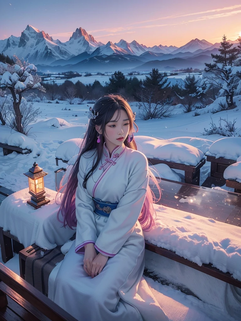 (((Xin Haicheng style)), pixiv, anime drawing, high quality,
Pink and purple sky covers the horizon,
Beautiful scenery unfolds with a touch of magical realism,
((Xin Haicheng style)): 0.8,

Full of artistic atmosphere，Star bright,
starry night view, The train passes under soft light,
The mountains are dotted with the light of lanterns, Snow-capped mountains are just around the corner,
soda water ripple, reflect tranquility, Peaceful nights,

The grass sways gently, The trees sway rhythmically, Smoke is flying high,