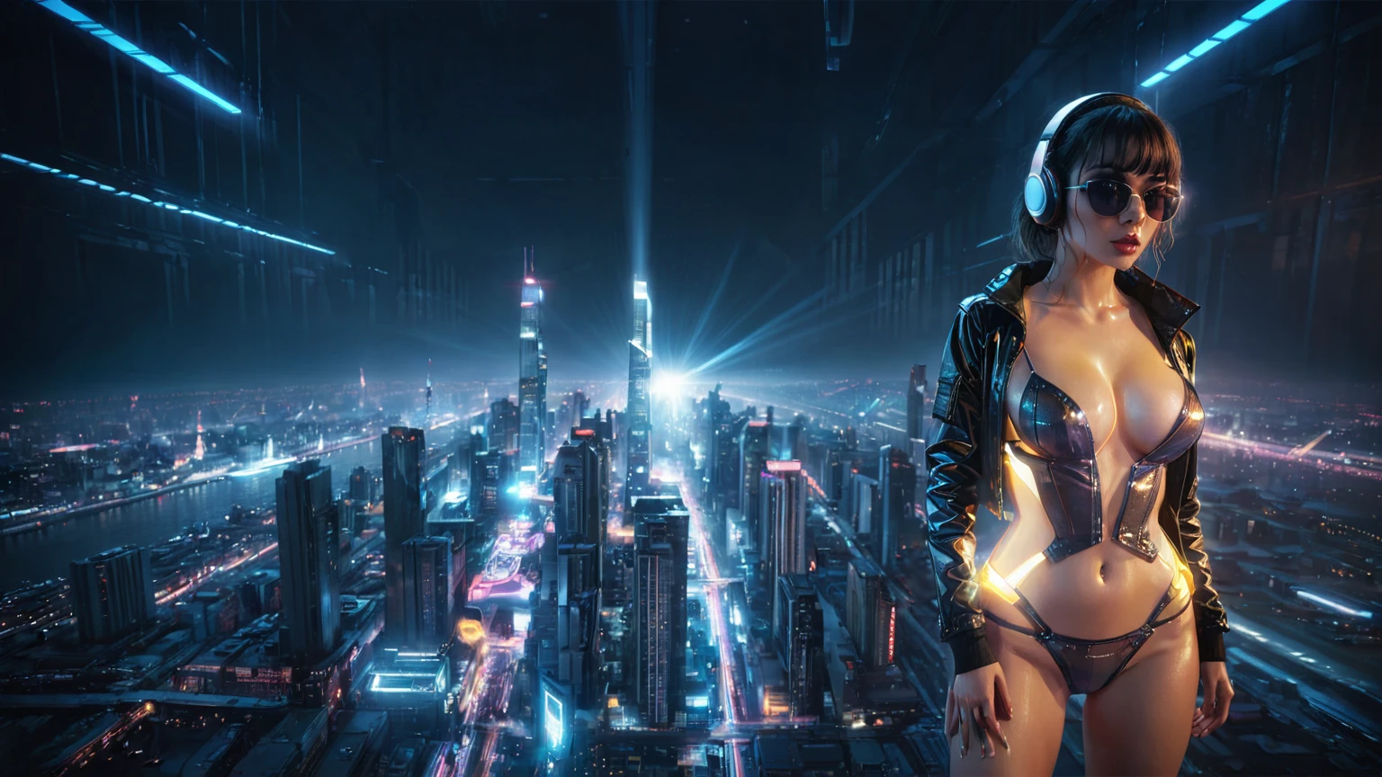 (((aerial view))), Blade Runner style futuristic city, neon lights, at night. (1girl, solo, alone), large-breast:1.2 slim body, cleavage:1.1, sexy lingerie with wet jacket, headphone, (black sunglasses), (((she raised a pistol:1.8 and shot:1.8 the viewer))), dynamic pose, (((half-body thigh level medium shot))), cinematic lighting, lens flare, ray tracing, blurred:1.4 background.