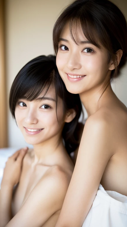 lens: 135mm f1.8,(Highest quality),(High resolution),(high resolution),(Beautiful Japanese mother and daughter),(40 year old mother with long hair),( girl with short hair)、Smile and be there for them、whole body、They are completely naked and crawling side by side on a white bed.