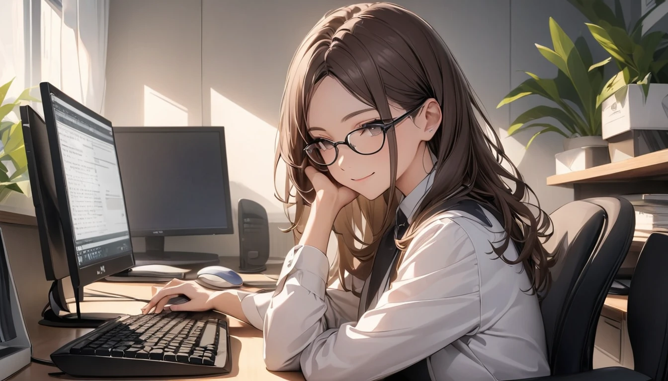 パソコンで仕事をするProfessionalグラマー,Portraiture,Professional,Wearing a smart suit,Stylish glasses,Typing on a sophisticated computer,Use a wireless mouse,Sitting at a modern desk,A soft smile,Soft natural light,High resolution,High resolution,Very detailed.One Woman ,alone, Dark brown hair