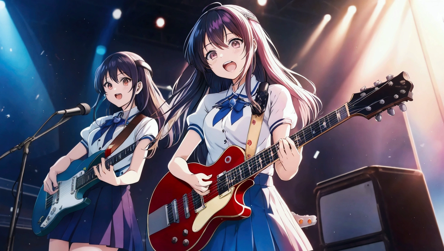 Playing the guitar、Anime girls singing on stage with microphone, high detailed Official artwork, Anime Style 4k, Official artwork, Anime Moe Art Style, play the guitar, Smooth anime CG art, Nightcore, ステージでplay the guitar, I also make fan art, Hololive, Background artwork, Kantai Collection Style, Visual Novel CG, everyone, Lockout, Promotional Art