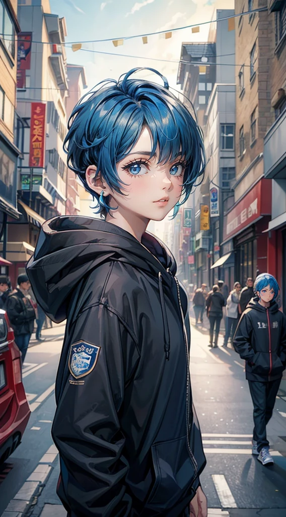 ((4K works))、masterpiece、(top-quality)、One Beautiful Boy、Slim body、tall、((Attractive street style in black hoodie))、(Detailed beautiful eyes)、Fantastic British cities、Daytime city、((Walking through a city in the UK))、((Daytime bright sky))、((Cities in United Kingdom))、((Shot in UK citieid night、((Short-haired bright blue hair))、((Smaller face))、((White eyes))、((American adult male))、((Adult male 26 years old))、((Cool Men))、((Like a celebrity))、((Smile showing teeth and smiling))、((Korean Makeup))、((elongated and sharp eyes))、((boyish))、((Upper body photography))、((Happy dating))、Professional Photos、((Shot alone))、((Shot diagonally from the side))、((Shot in close proximity to him))、((He is walking next to the viewer))、((Focus zoom in))