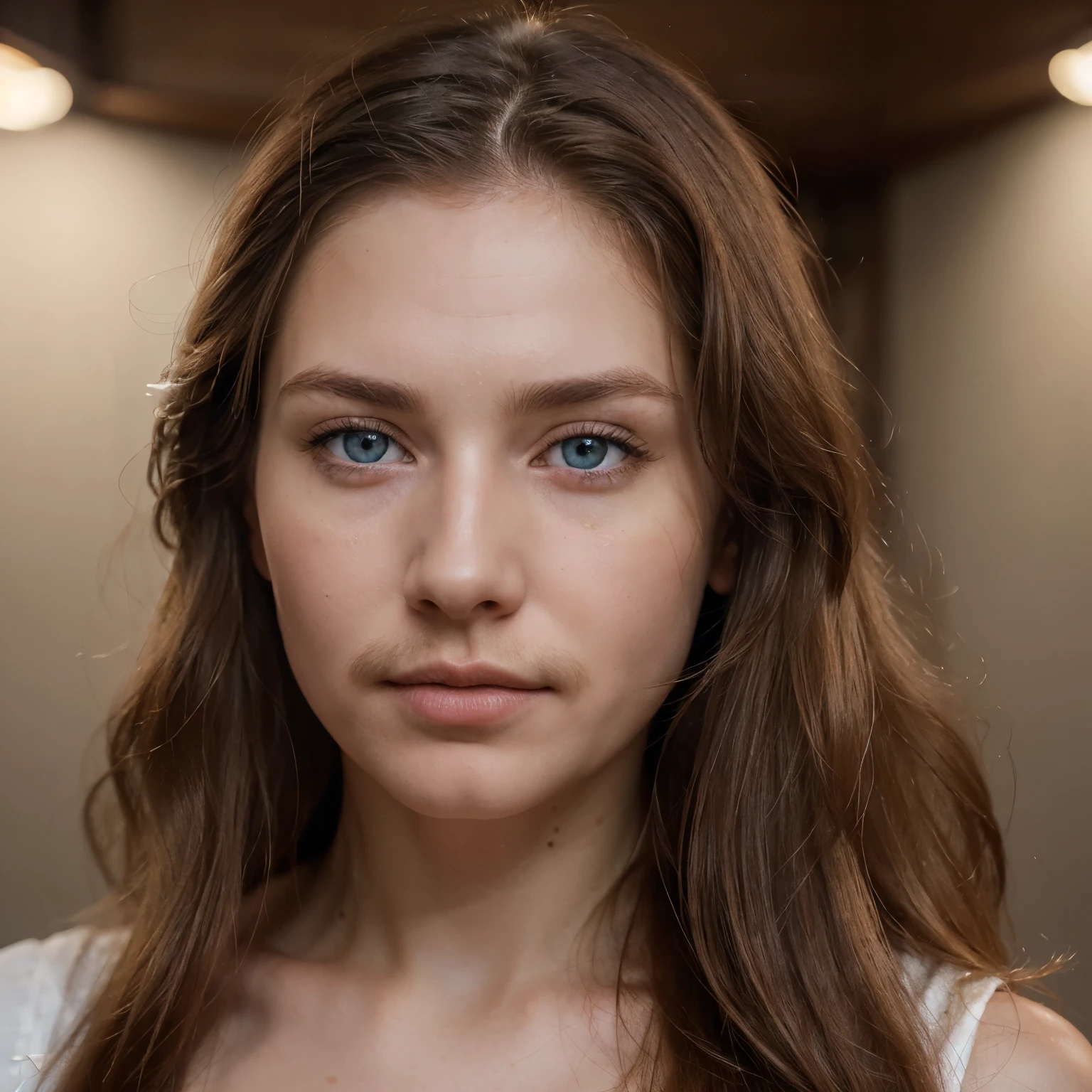 (best quality, ultra-detailed, realistic:1.37), 30year old lithuanian female, brown long hair, blue eyes, high cheek bones, pale skin tone, shot on a Canon EOS R6 Mark II camera, looking over shoulder, soft lightning, visible beard hair, visible dark moustache, waxing face, plump pink lips