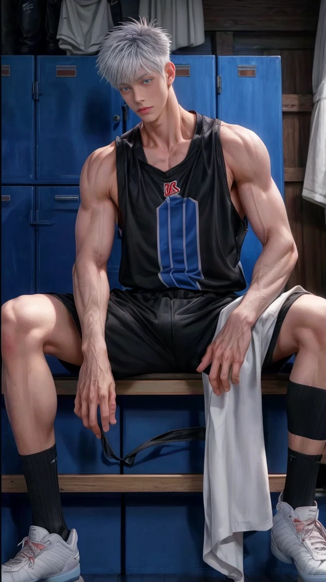 1boy, adult, handsome, perfect face, detailed eyes and face, clean shaved, muscular, capturing a rural atmosphere, dynamic lighting, unreal engine 5, hd picture, satoru gojo, white hair, short hair ,hair between eyes ,blue eyes, white skin, milk pink nipple details, basketball locker room