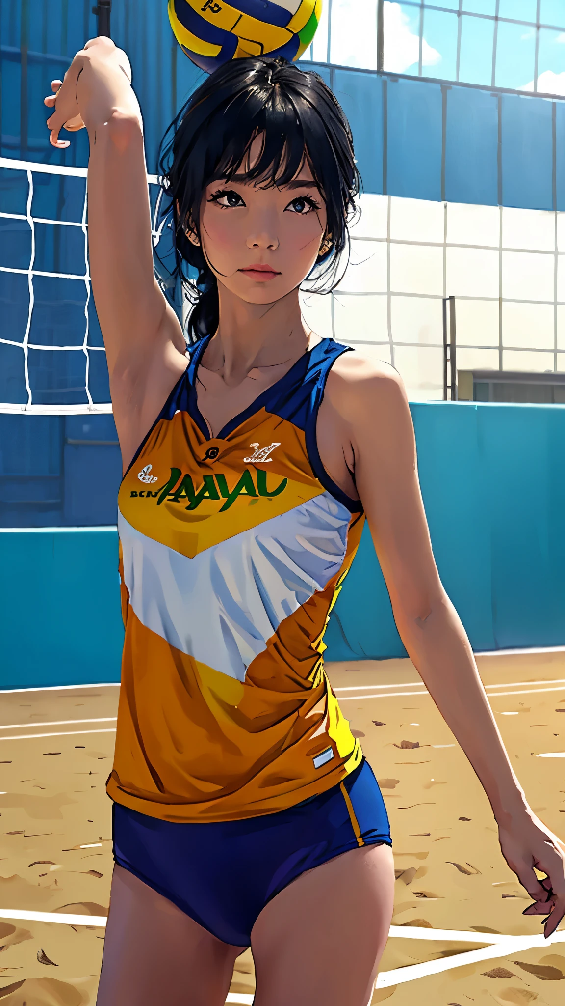 1 Female Solo、/(Beach Volleyball Uniforms/)、Dynamic posing、(Masterpiece Top Quality:1.2)Delicate illustration with super detailoderate bust、Brazilian、/(Indoor volleyball court/)